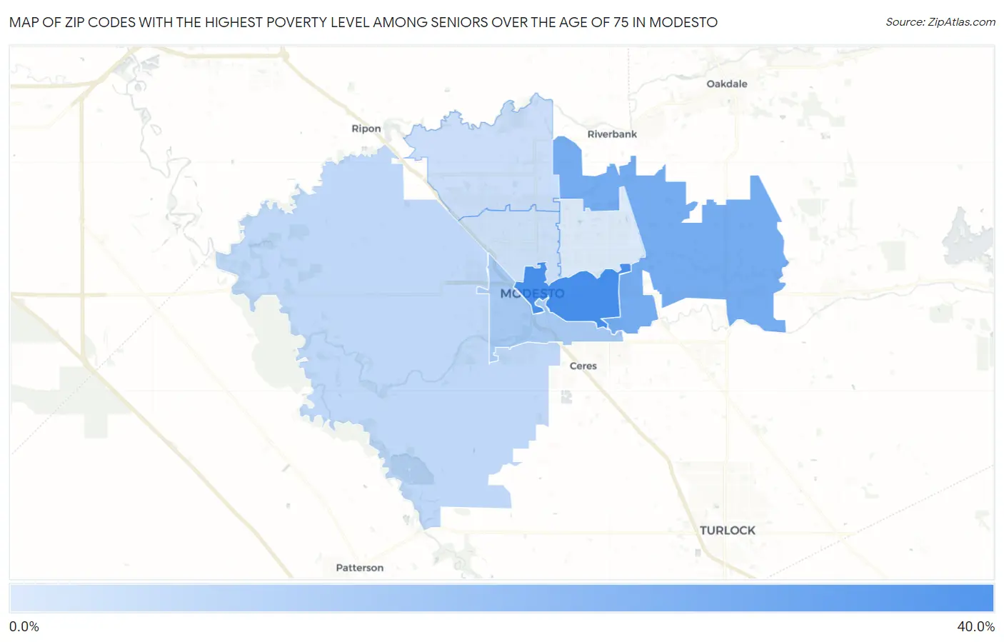 Zip Codes with the Highest Poverty Level Among Seniors Over the Age of 75 in Modesto Map