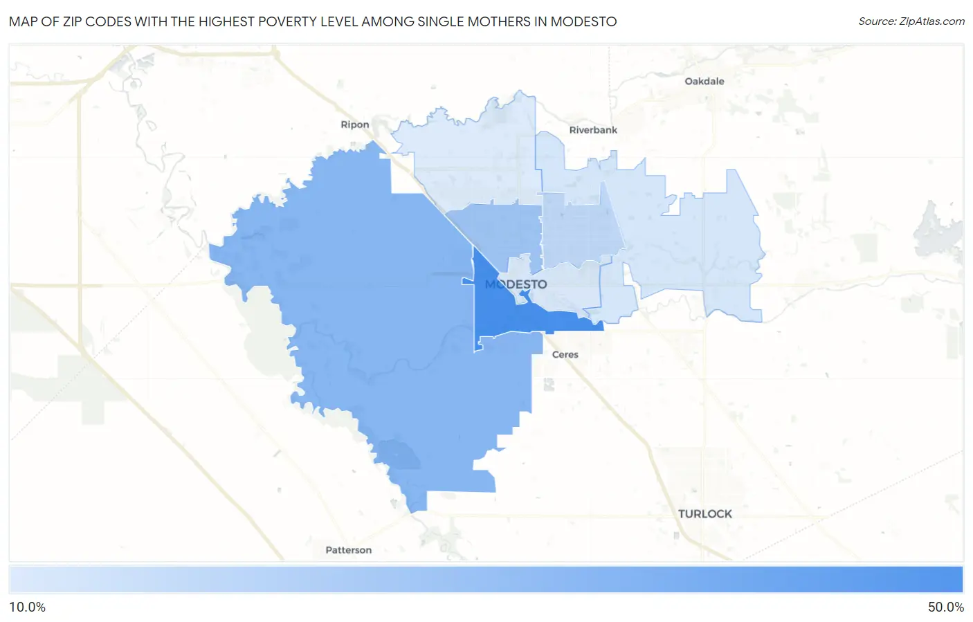 Zip Codes with the Highest Poverty Level Among Single Mothers in Modesto Map