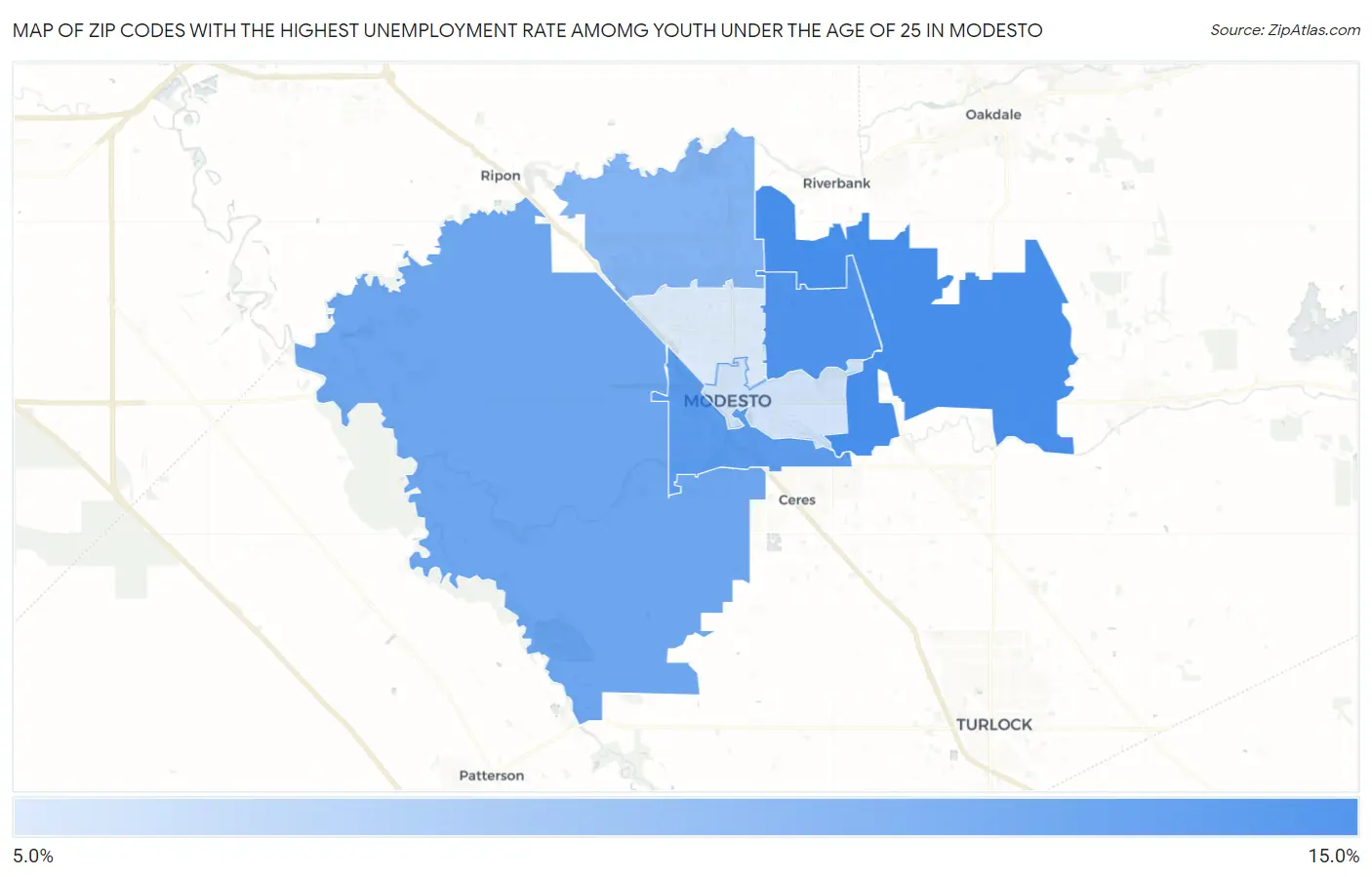 Zip Codes with the Highest Unemployment Rate Amomg Youth Under the Age of 25 in Modesto Map