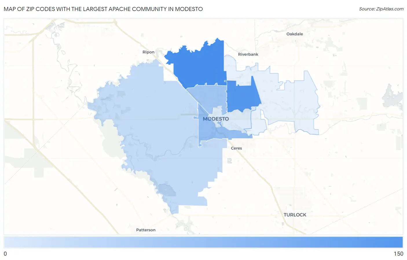 Zip Codes with the Largest Apache Community in Modesto Map