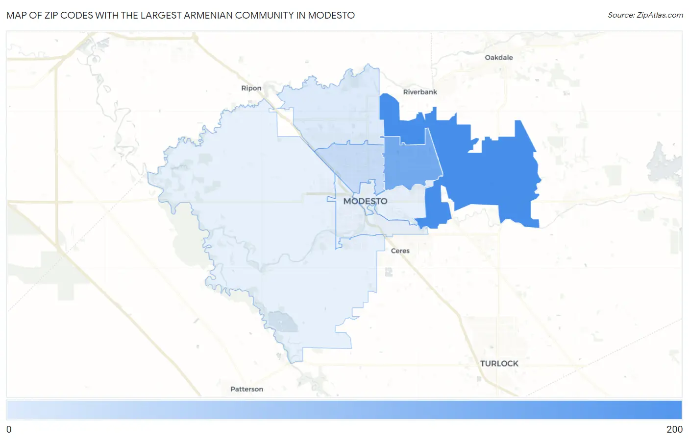 Zip Codes with the Largest Armenian Community in Modesto Map
