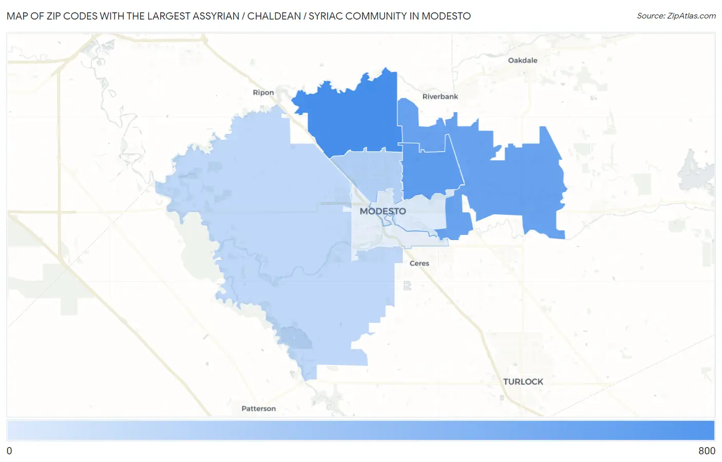 Zip Codes with the Largest Assyrian / Chaldean / Syriac Community in Modesto Map