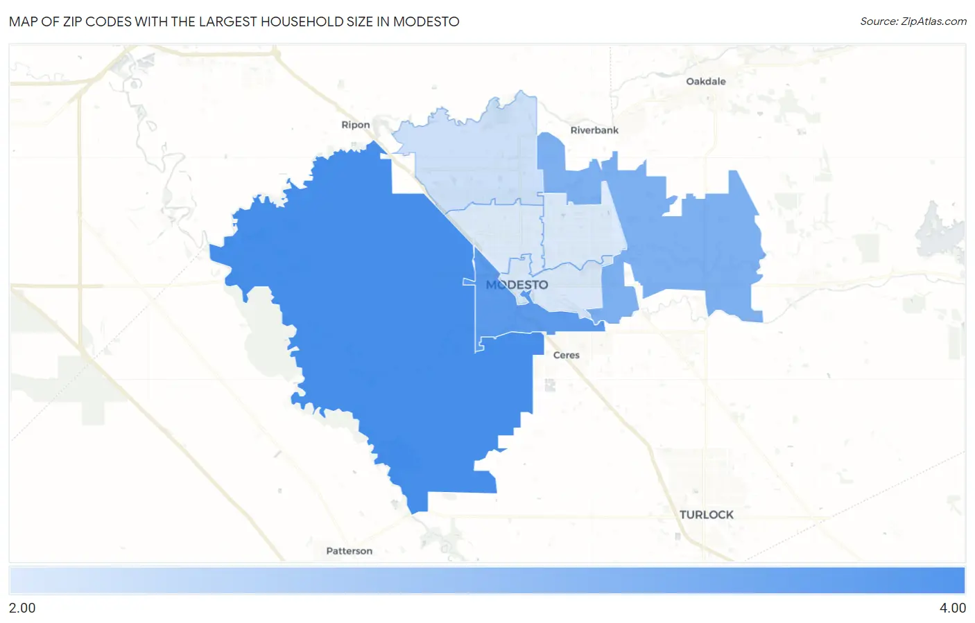 Zip Codes with the Largest Household Size in Modesto Map