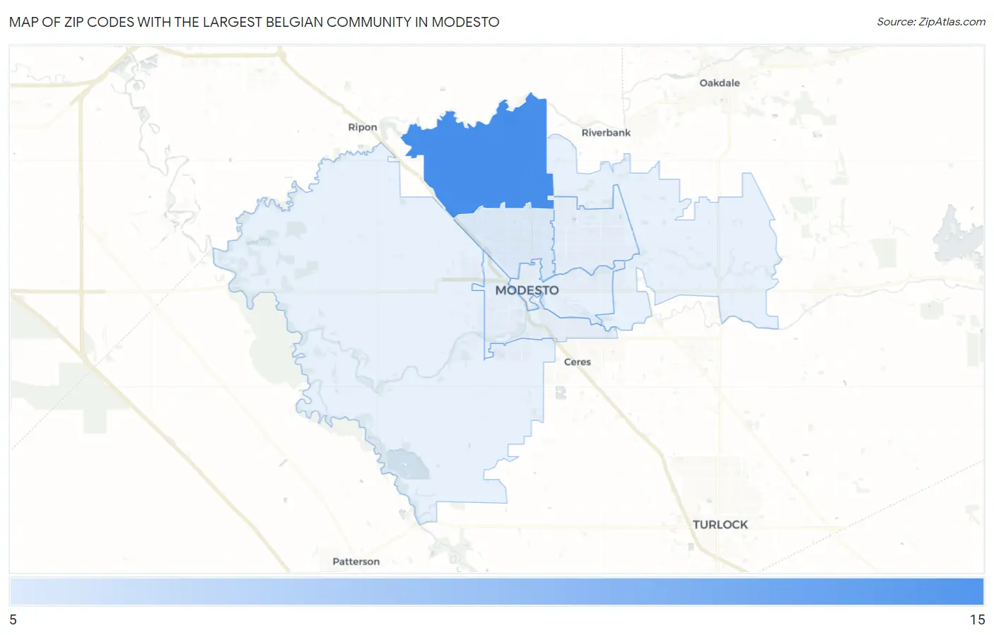 Zip Codes with the Largest Belgian Community in Modesto Map