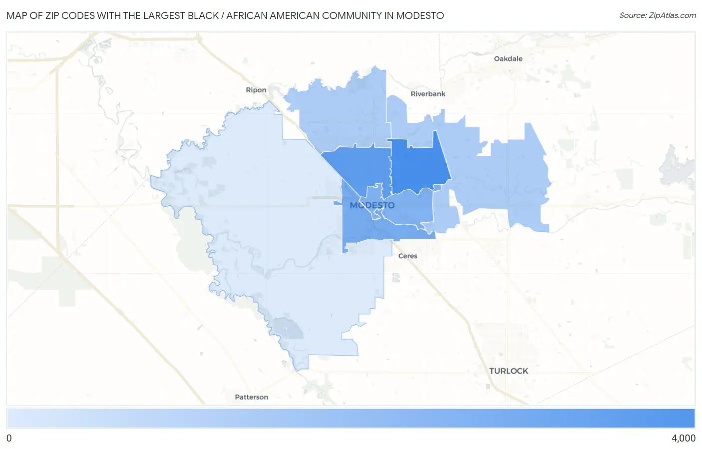 Zip Codes with the Largest Black / African American Community in Modesto Map