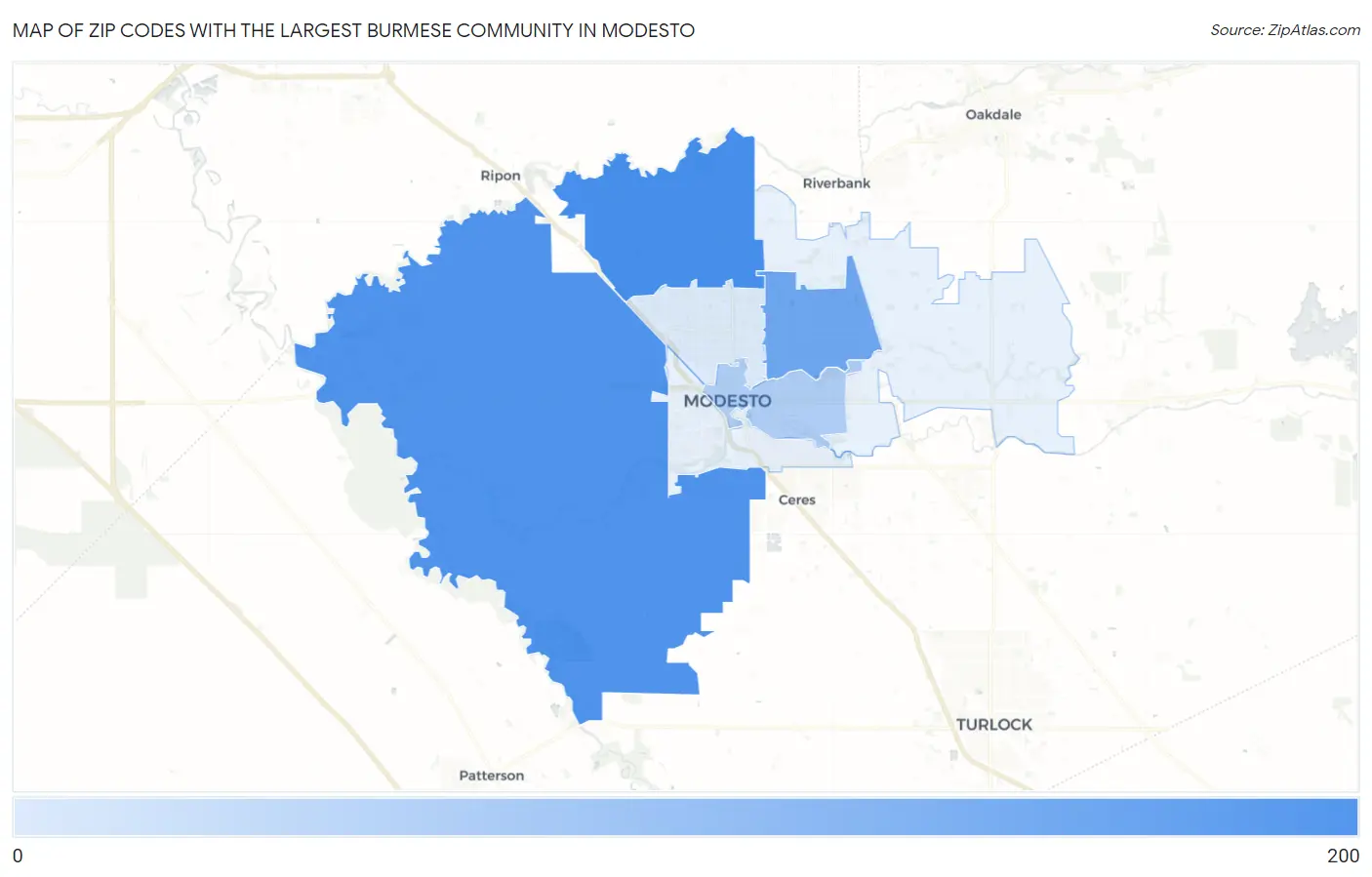 Zip Codes with the Largest Burmese Community in Modesto Map