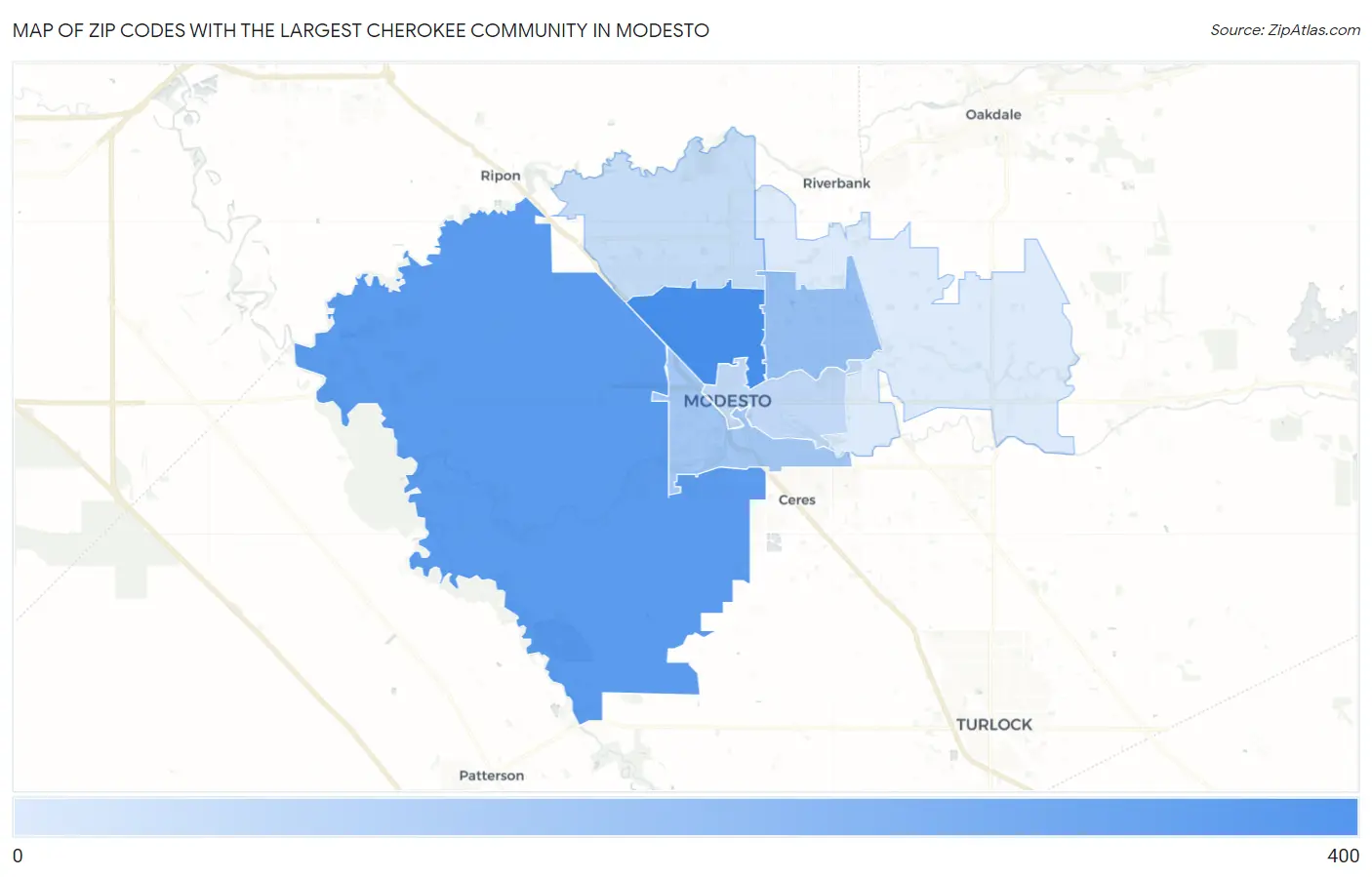 Zip Codes with the Largest Cherokee Community in Modesto Map