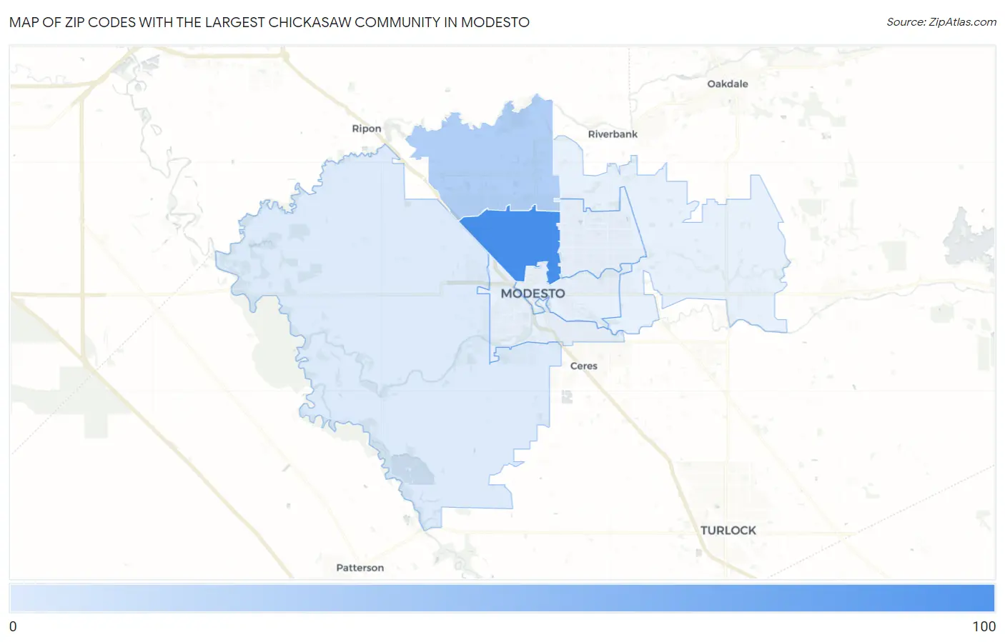 Zip Codes with the Largest Chickasaw Community in Modesto Map