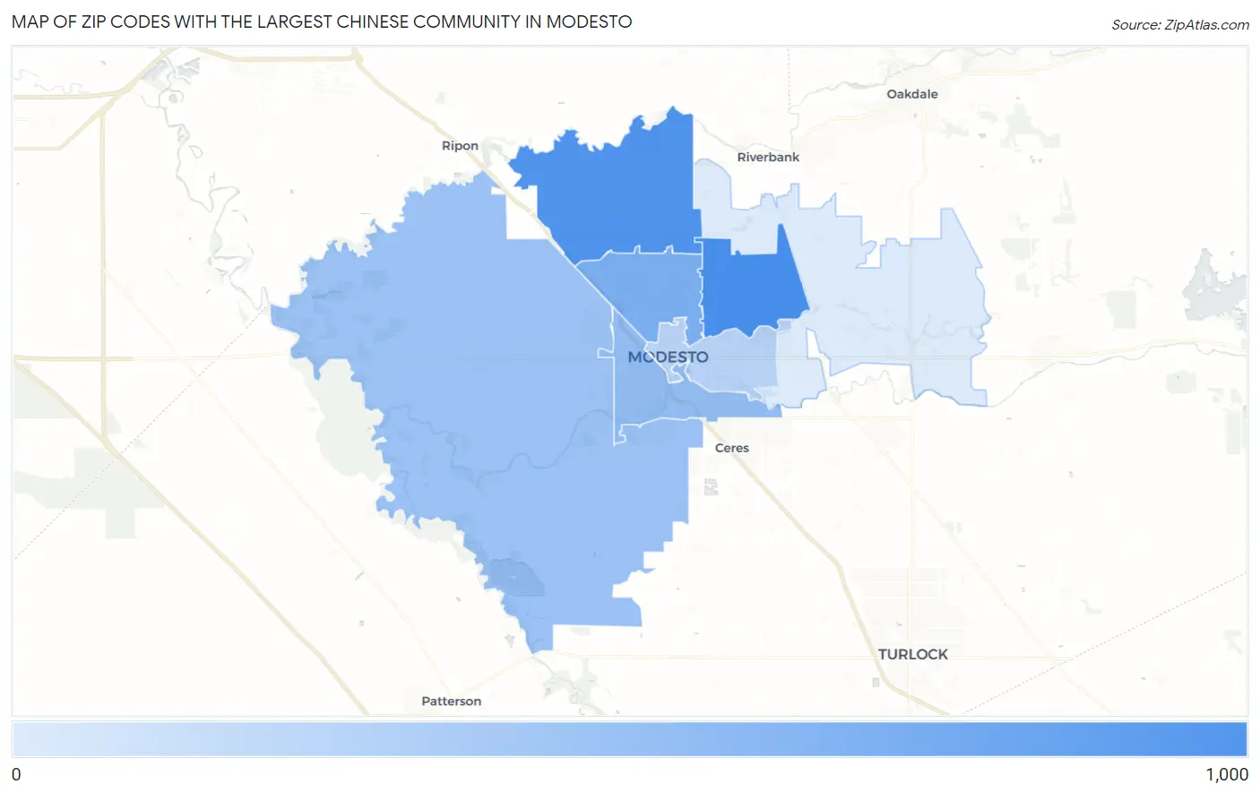 Zip Codes with the Largest Chinese Community in Modesto Map