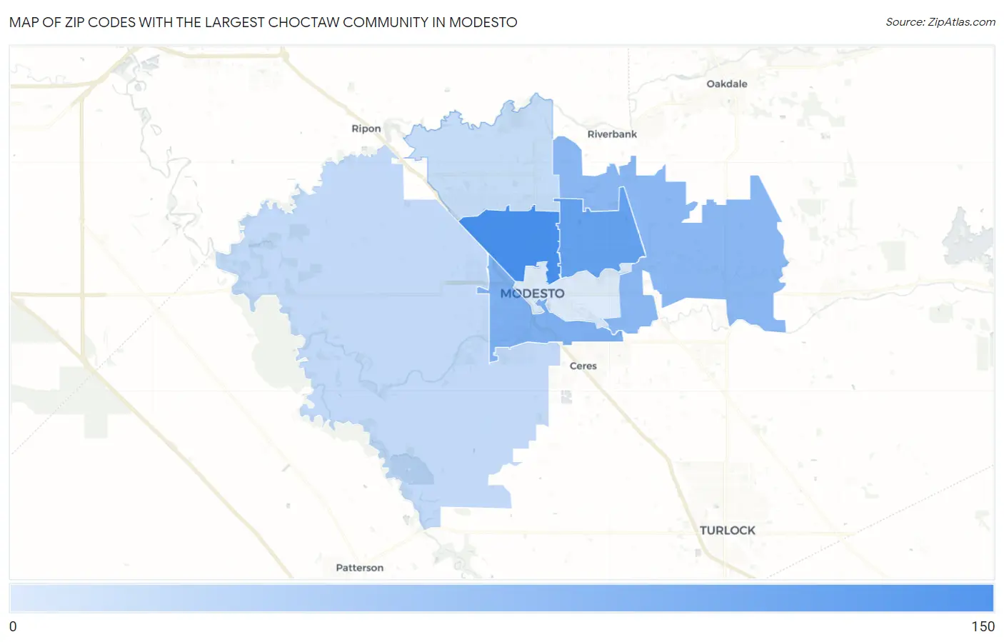 Zip Codes with the Largest Choctaw Community in Modesto Map