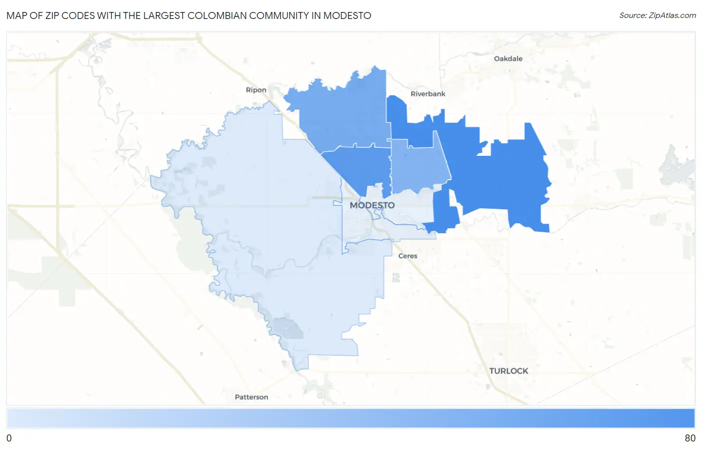 Zip Codes with the Largest Colombian Community in Modesto Map