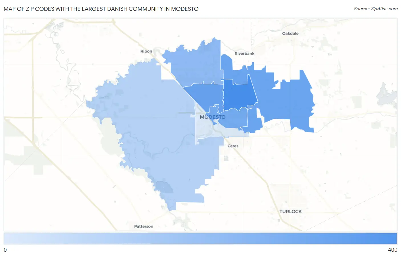 Zip Codes with the Largest Danish Community in Modesto Map