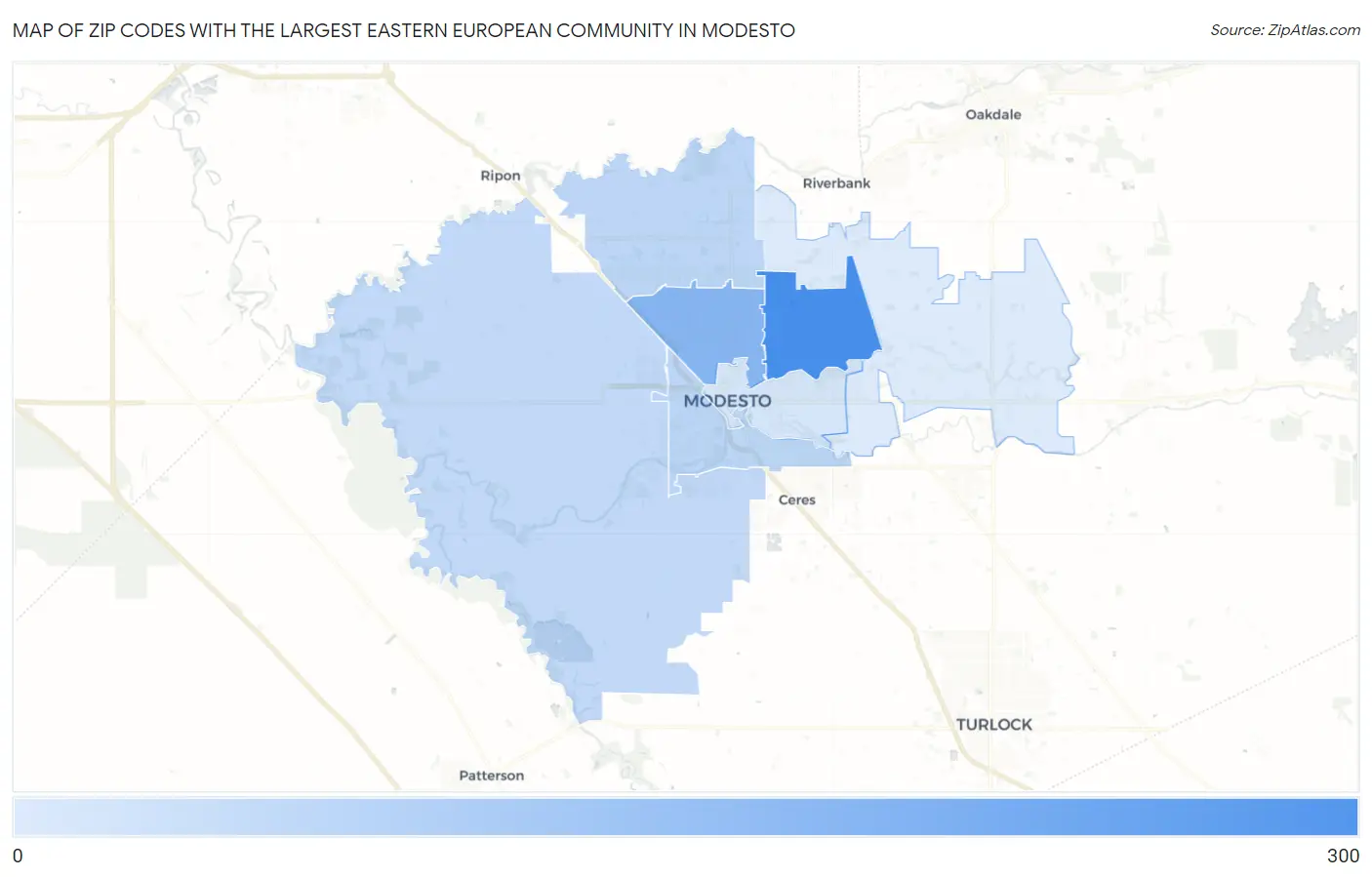 Zip Codes with the Largest Eastern European Community in Modesto Map