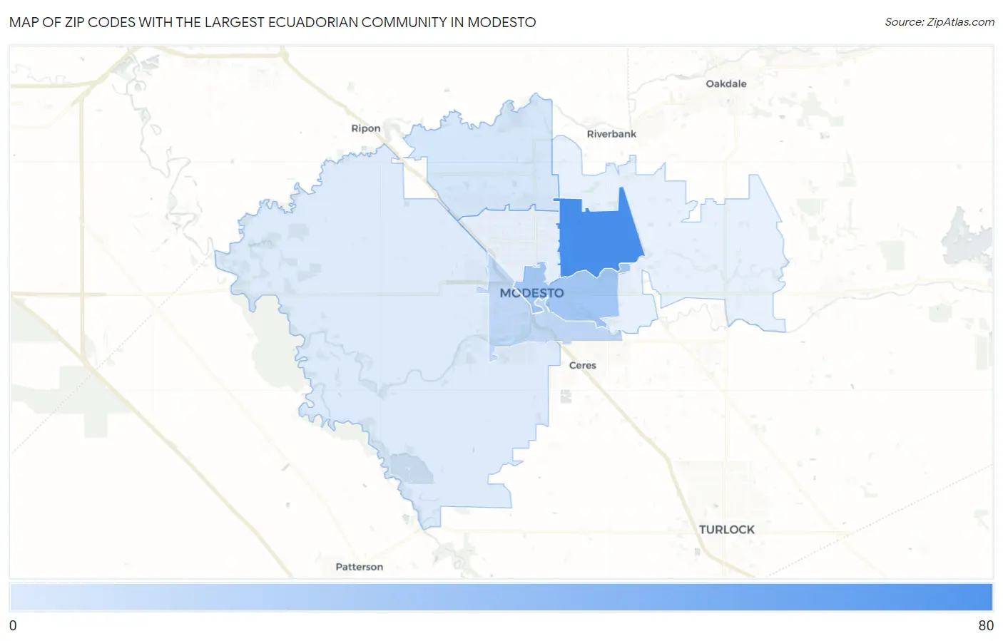 Zip Codes with the Largest Ecuadorian Community in Modesto Map