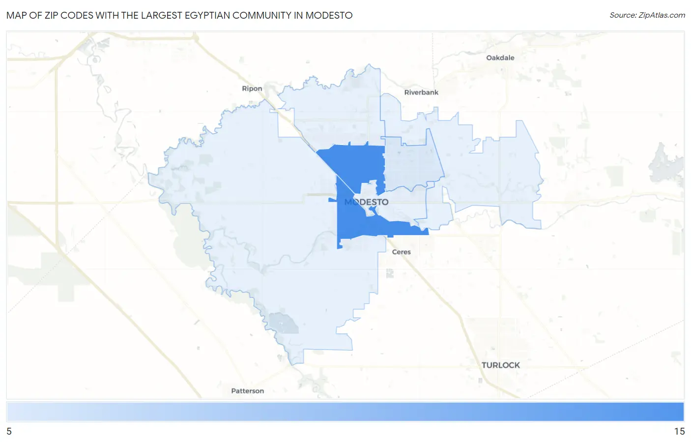 Zip Codes with the Largest Egyptian Community in Modesto Map