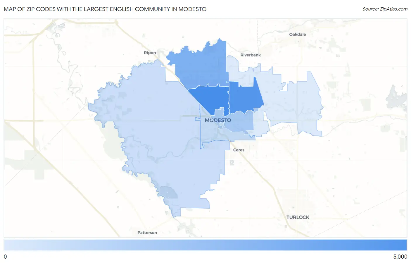 Zip Codes with the Largest English Community in Modesto Map