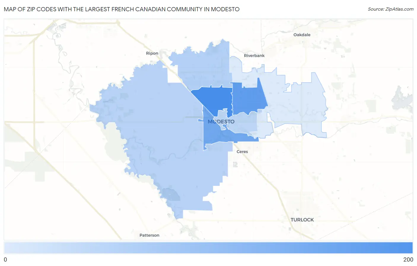 Zip Codes with the Largest French Canadian Community in Modesto Map