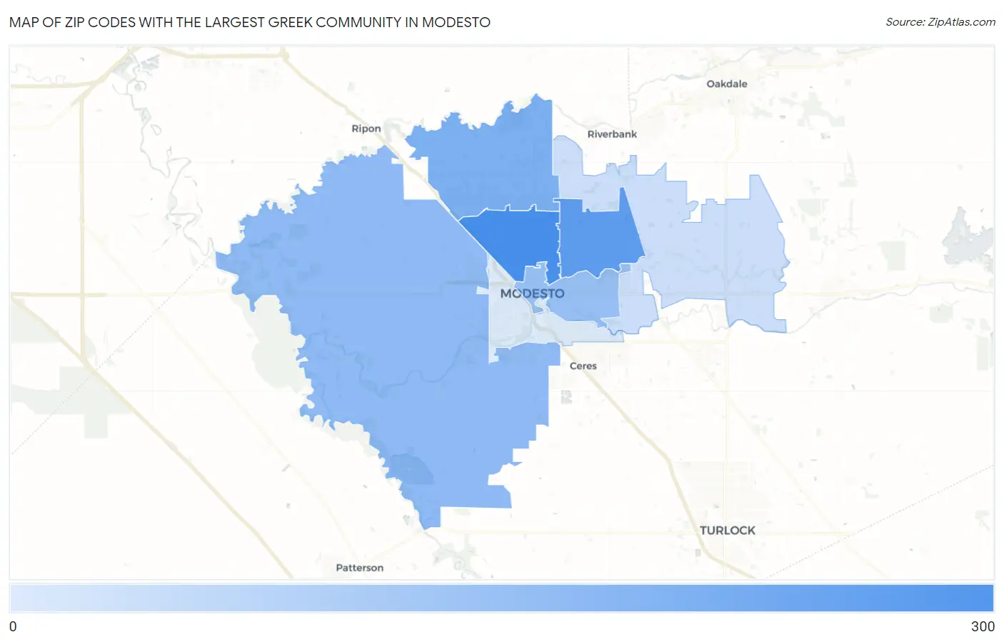 Zip Codes with the Largest Greek Community in Modesto Map
