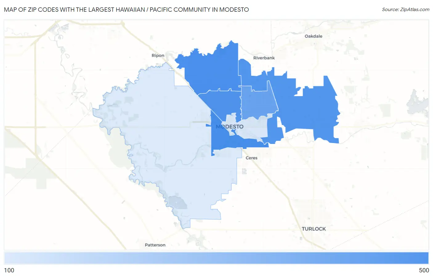 Zip Codes with the Largest Hawaiian / Pacific Community in Modesto Map
