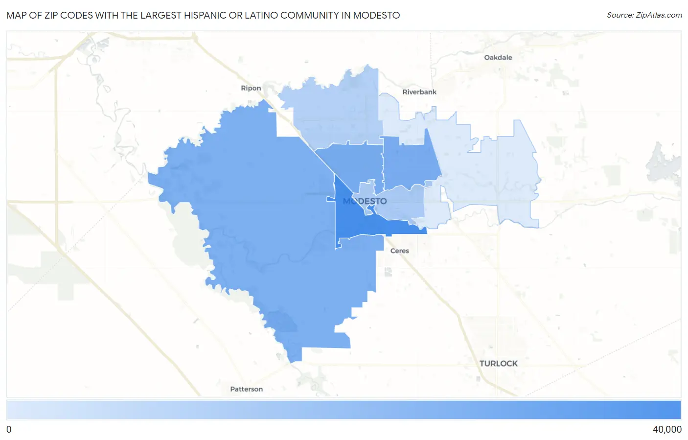 Zip Codes with the Largest Hispanic or Latino Community in Modesto Map