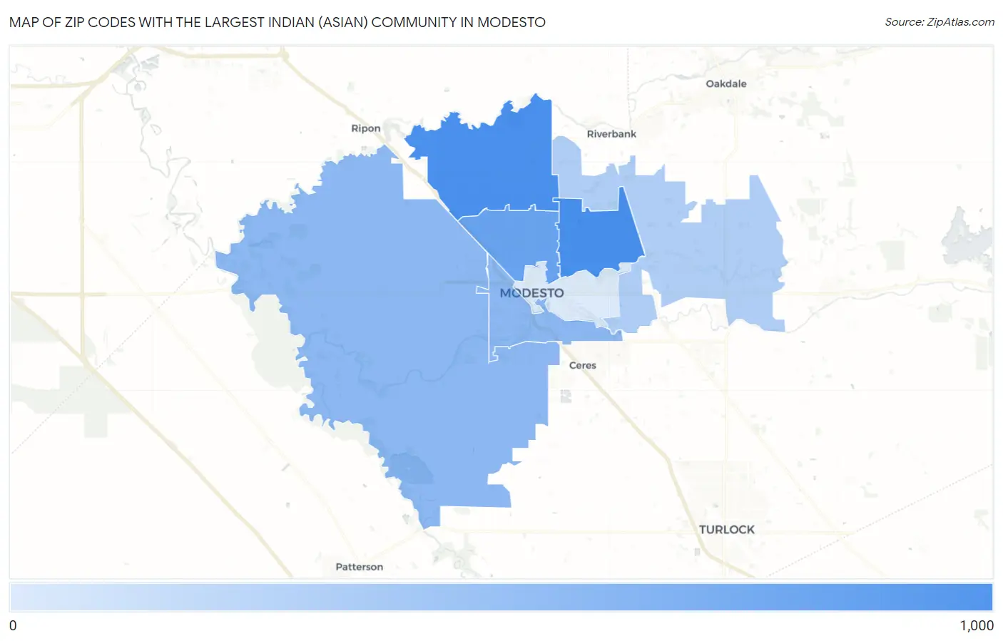 Zip Codes with the Largest Indian (Asian) Community in Modesto Map