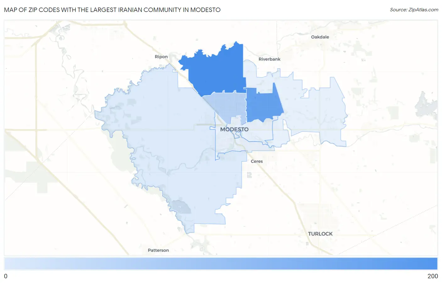 Zip Codes with the Largest Iranian Community in Modesto Map