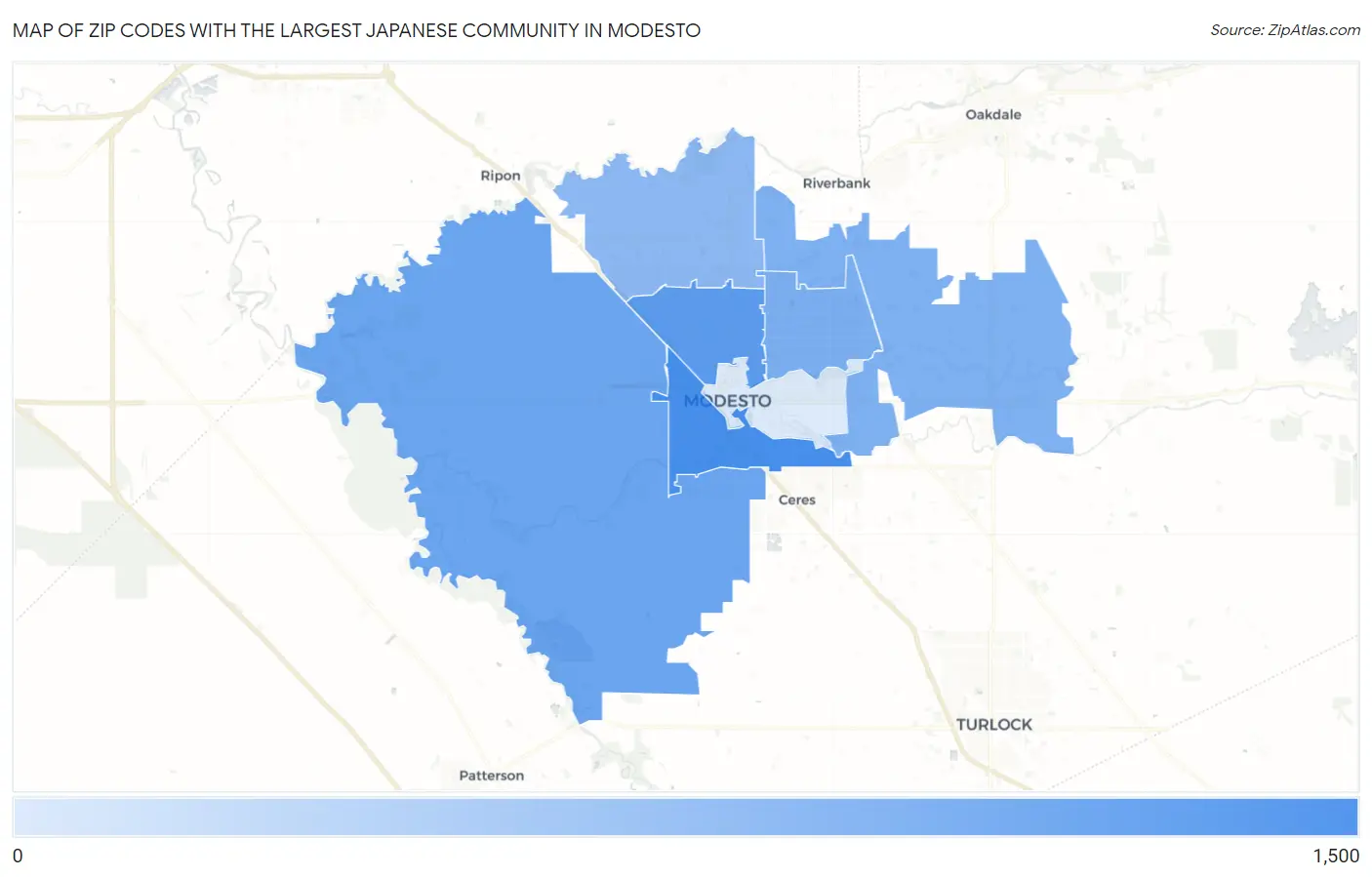 Zip Codes with the Largest Japanese Community in Modesto Map