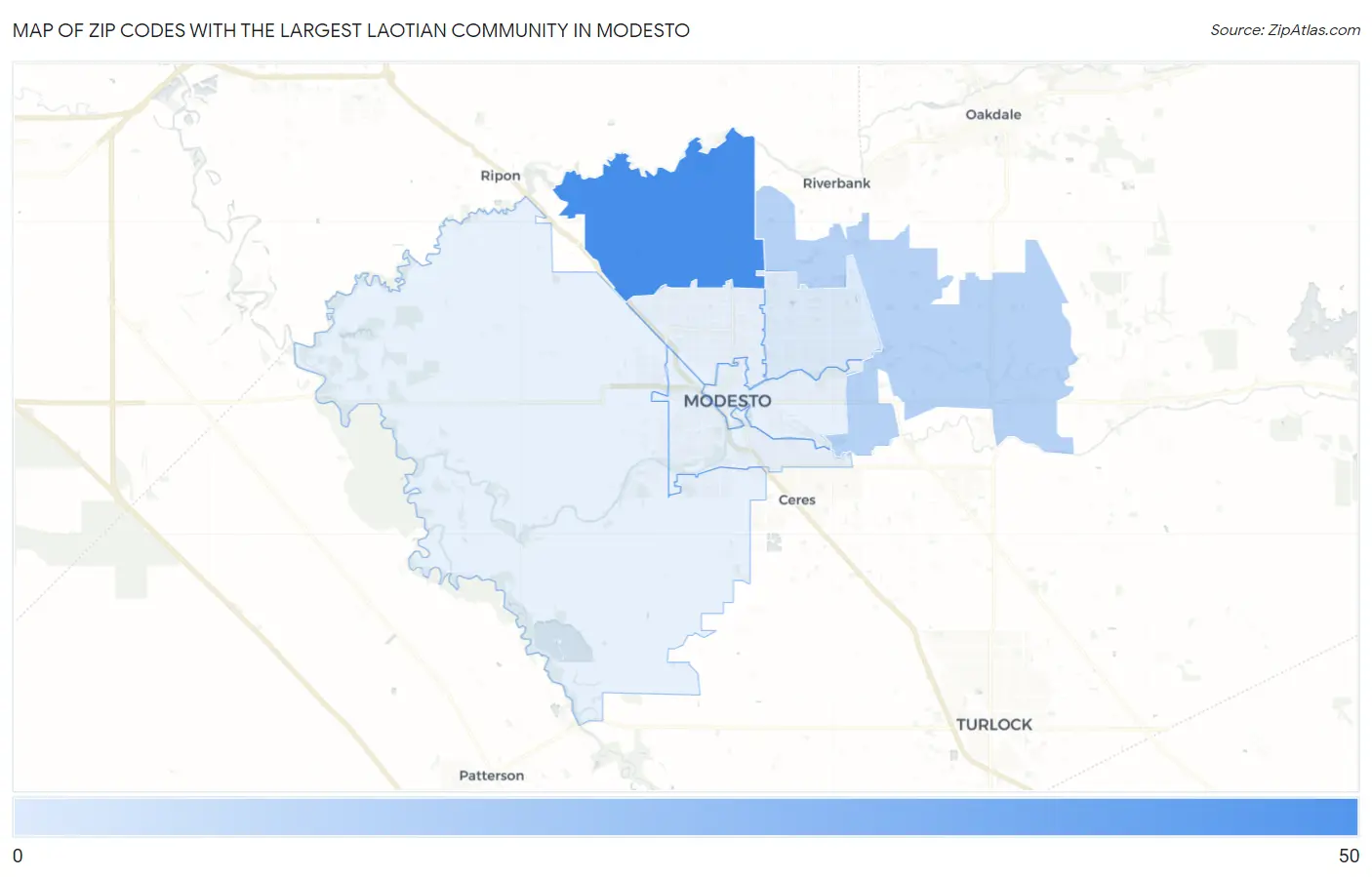 Zip Codes with the Largest Laotian Community in Modesto Map