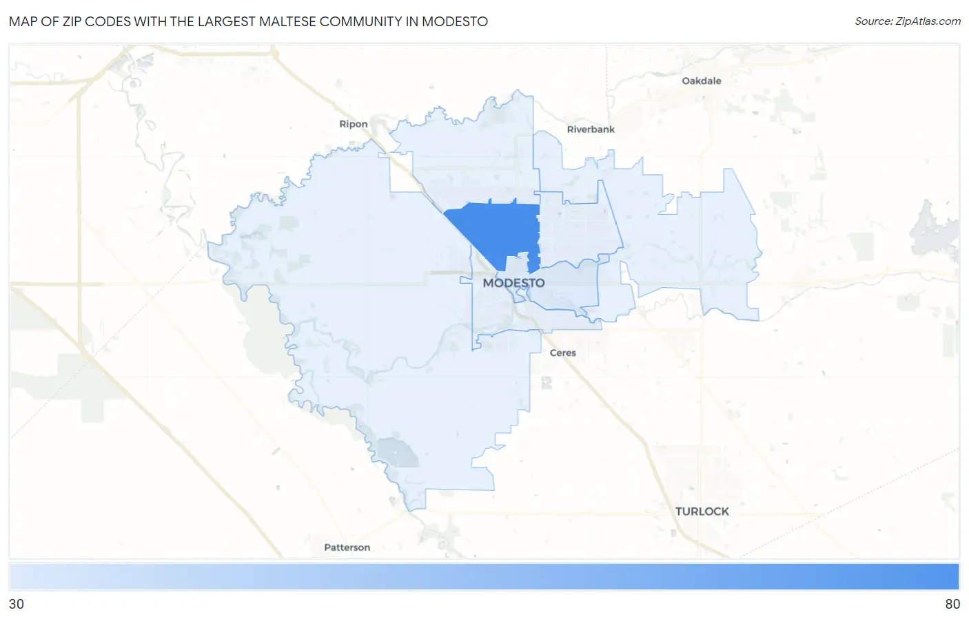 Zip Codes with the Largest Maltese Community in Modesto Map