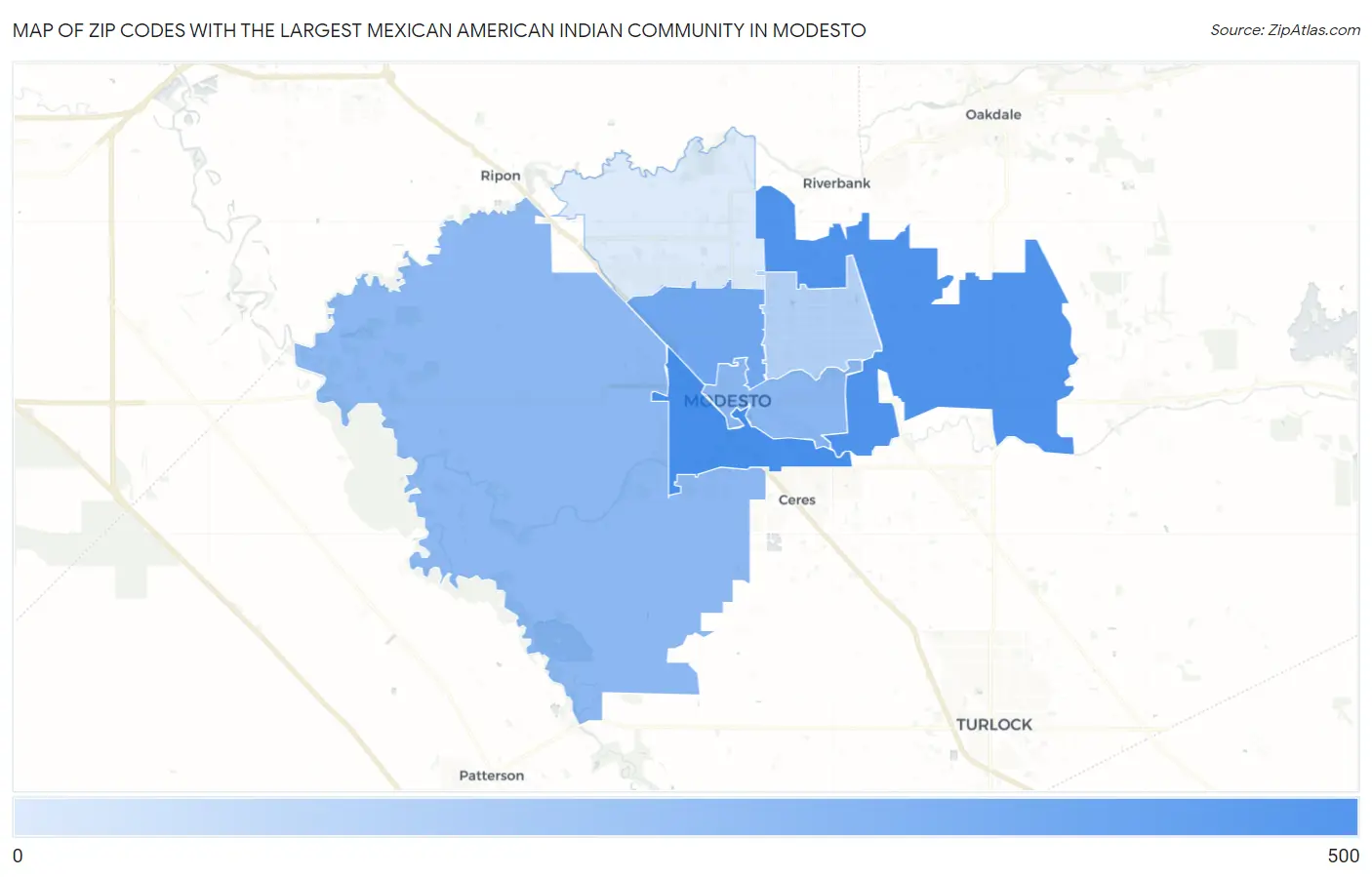 Zip Codes with the Largest Mexican American Indian Community in Modesto Map
