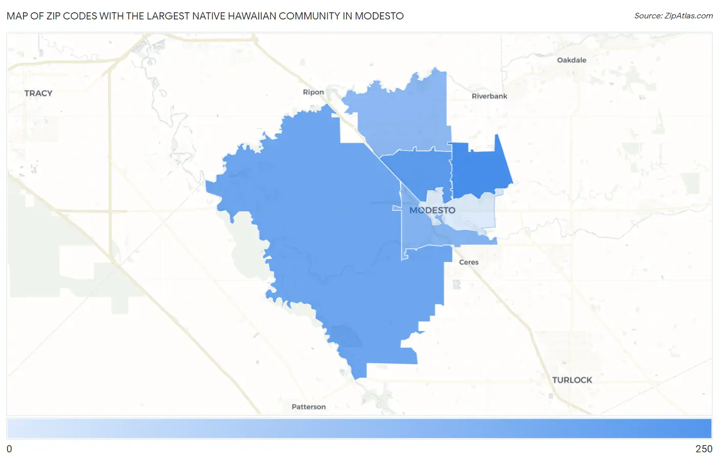 Zip Codes with the Largest Native Hawaiian Community in Modesto Map
