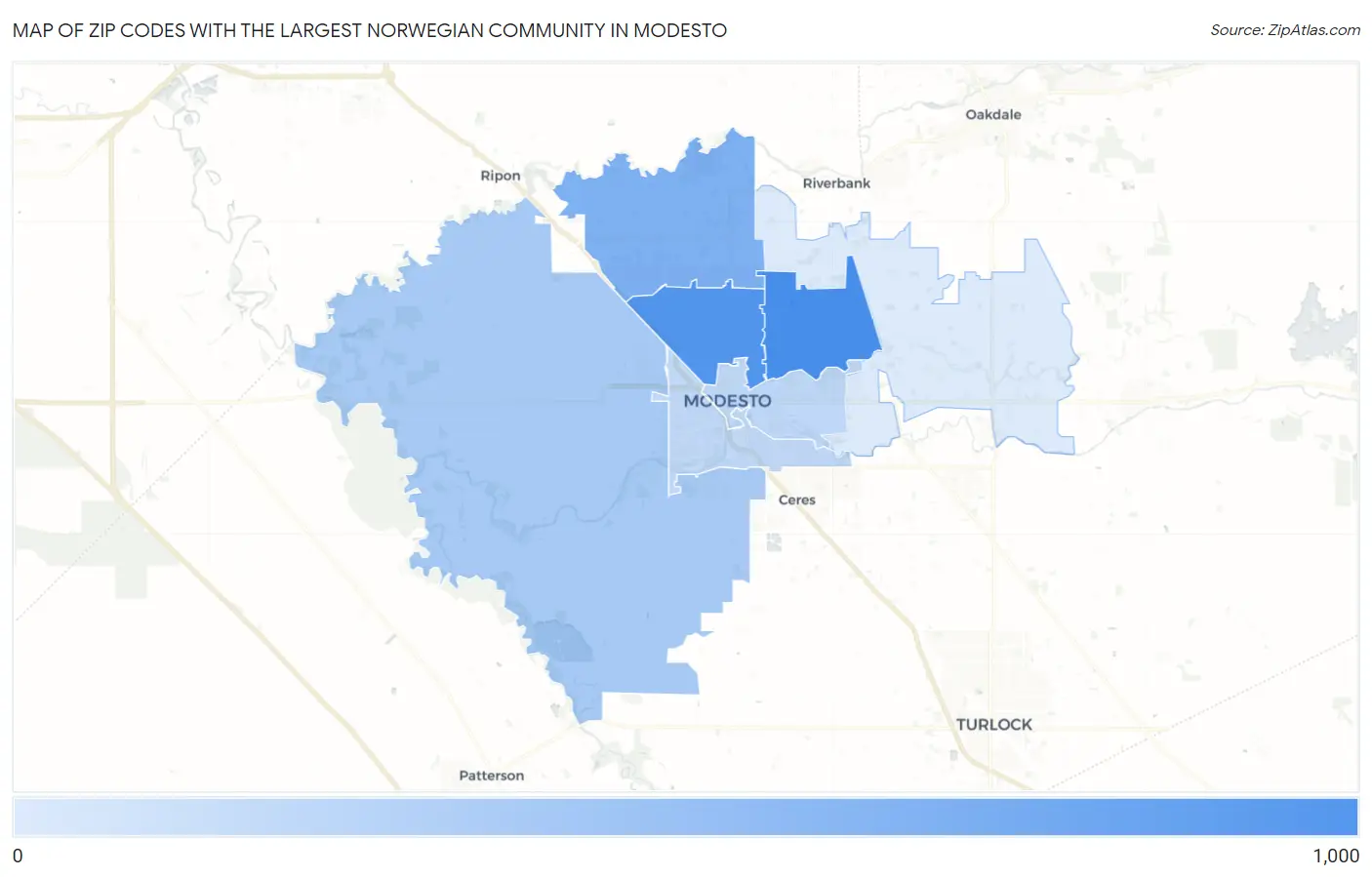 Zip Codes with the Largest Norwegian Community in Modesto Map