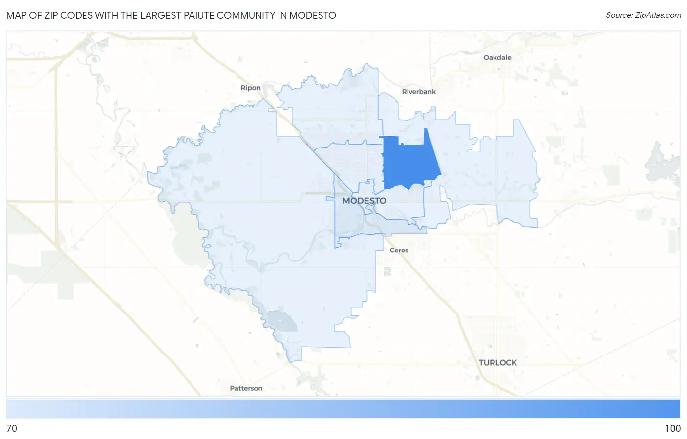 Zip Codes with the Largest Paiute Community in Modesto Map