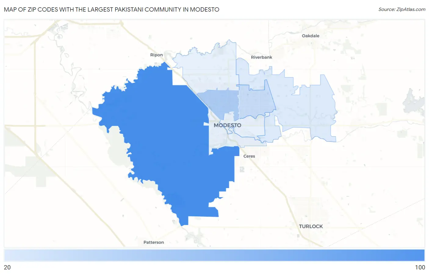 Zip Codes with the Largest Pakistani Community in Modesto Map