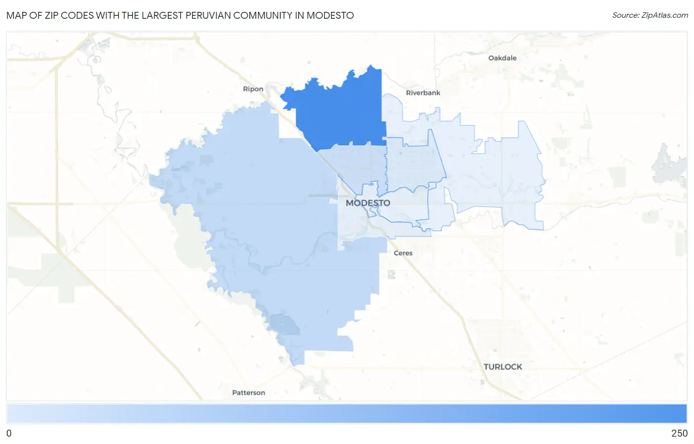 Zip Codes with the Largest Peruvian Community in Modesto Map