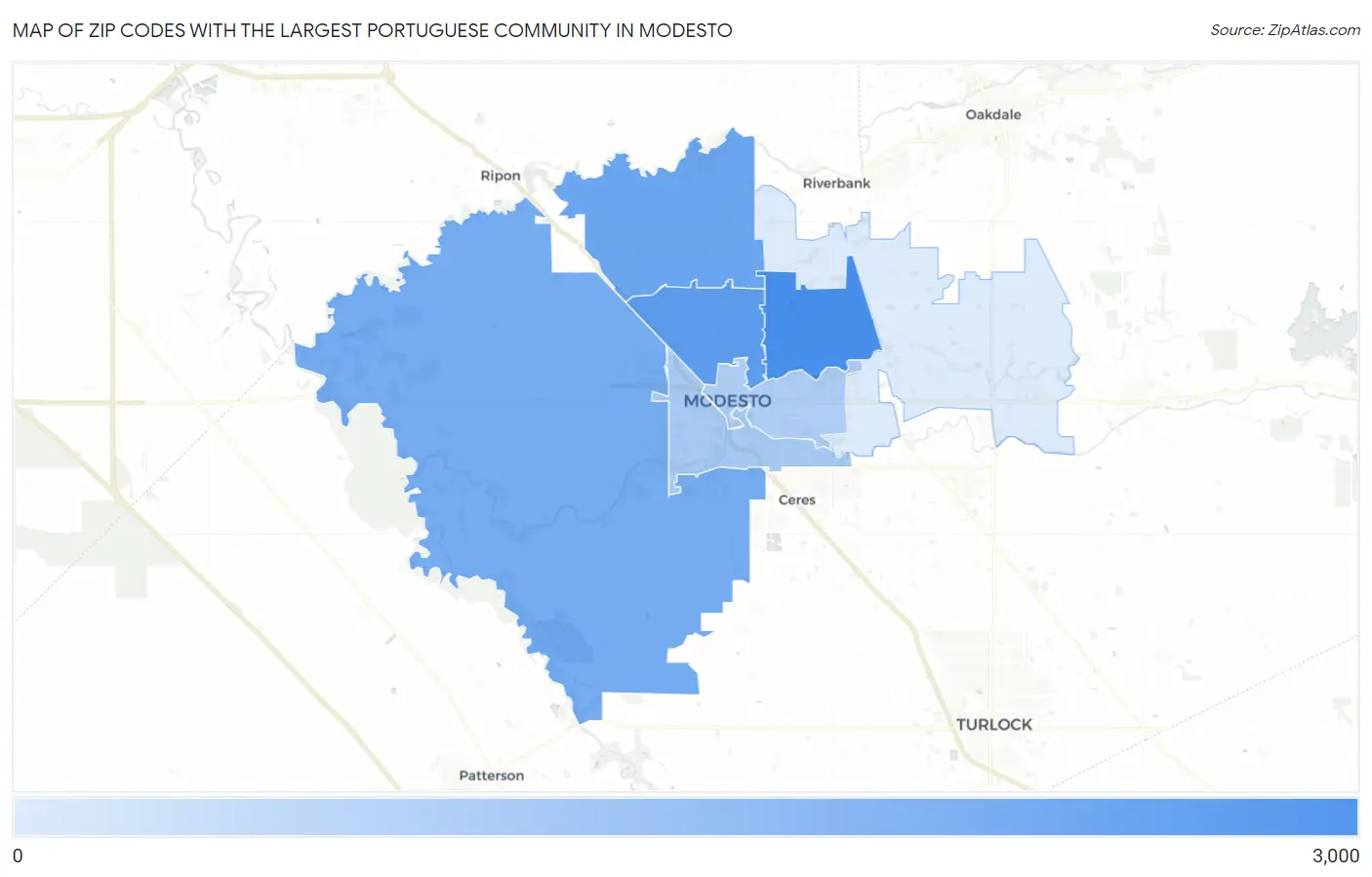 Zip Codes with the Largest Portuguese Community in Modesto Map