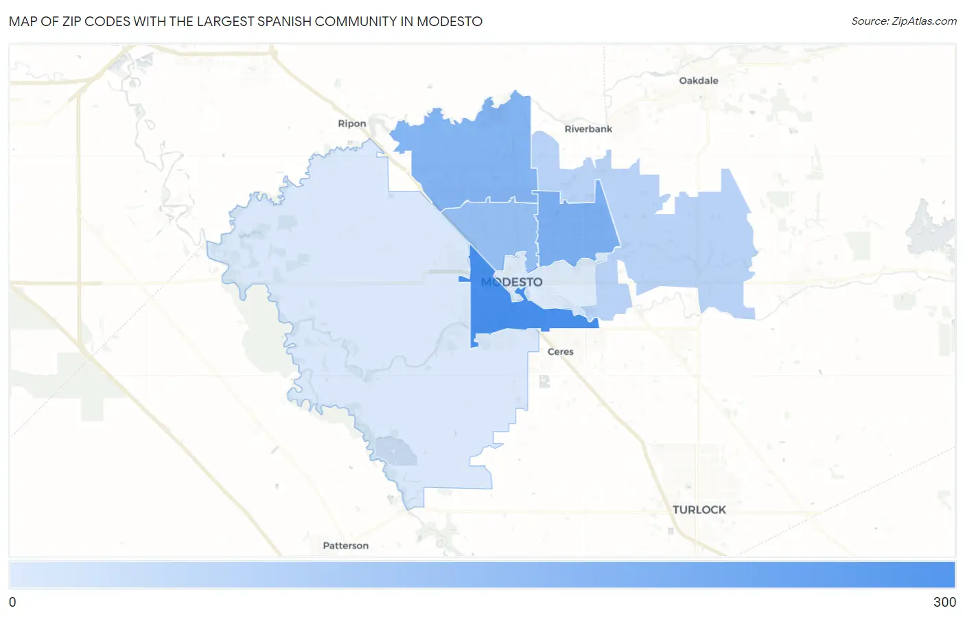Zip Codes with the Largest Spanish Community in Modesto Map