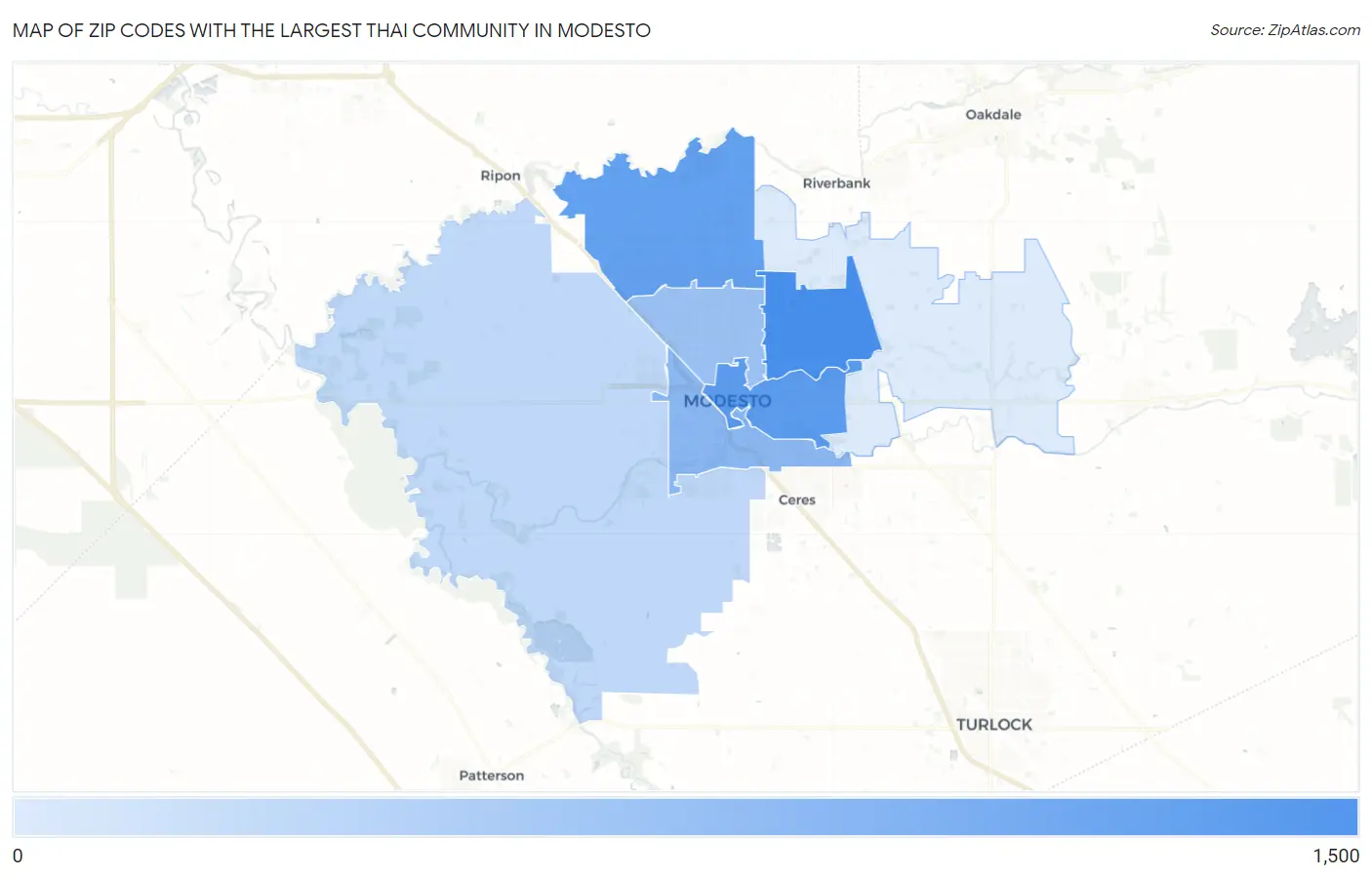 Zip Codes with the Largest Thai Community in Modesto Map