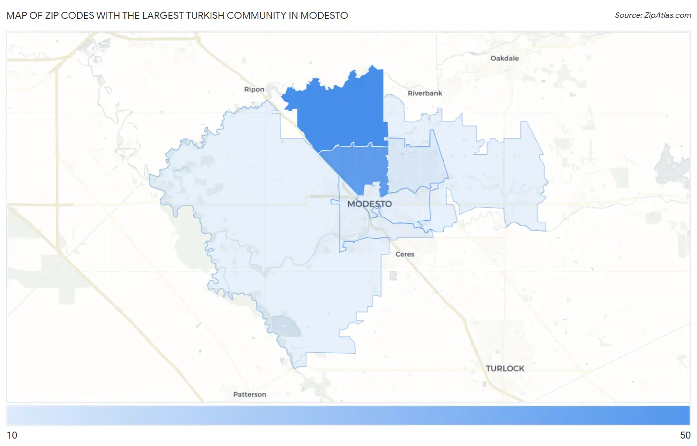 Zip Codes with the Largest Turkish Community in Modesto Map