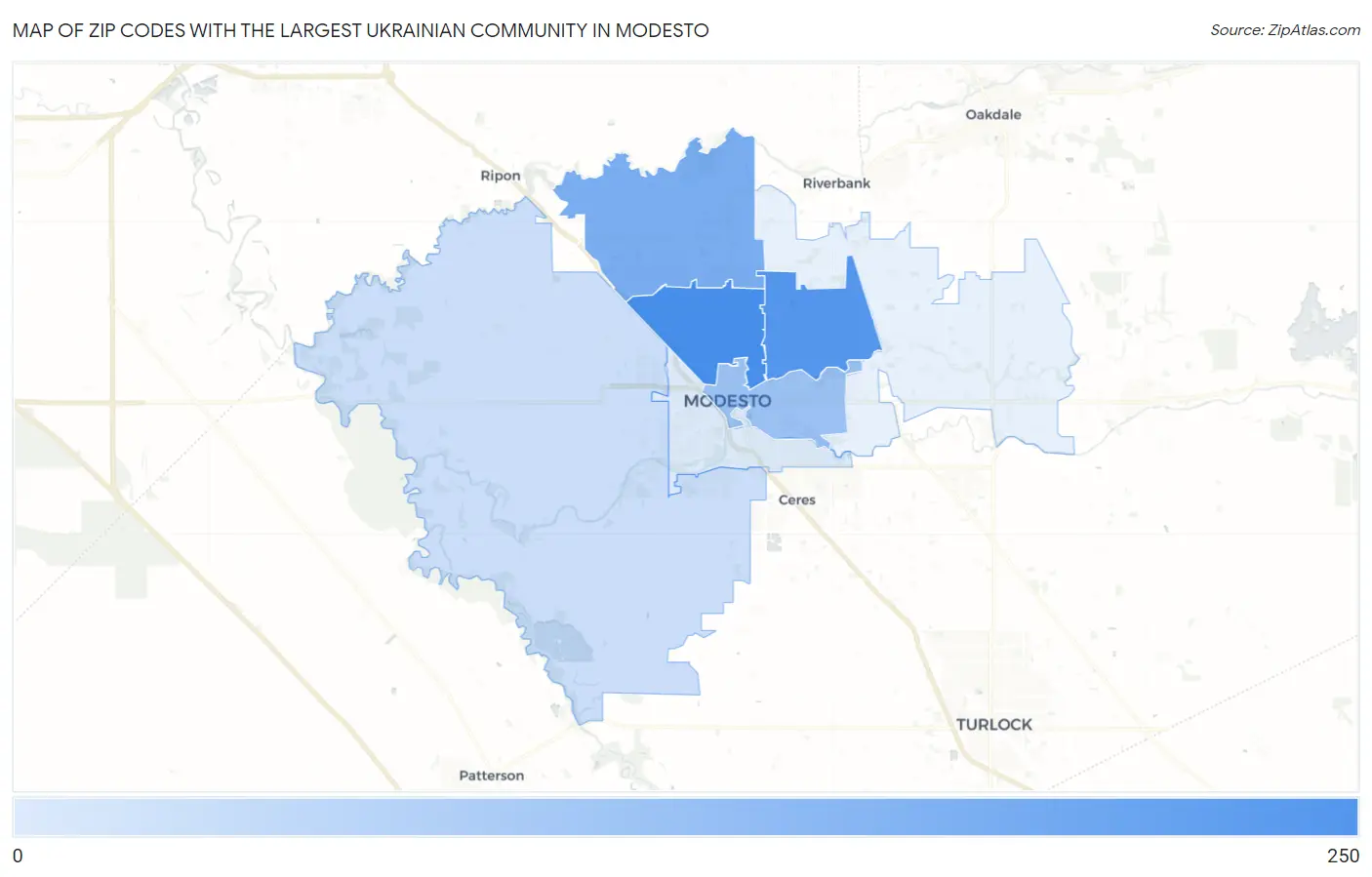 Zip Codes with the Largest Ukrainian Community in Modesto Map