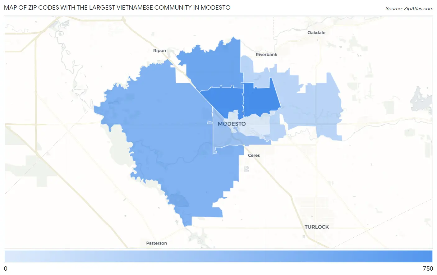 Zip Codes with the Largest Vietnamese Community in Modesto Map