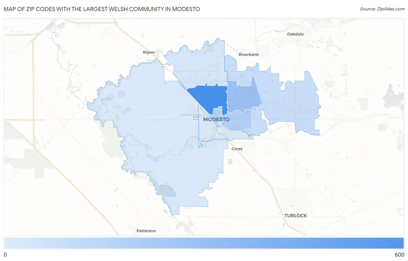 Zip Codes with the Largest Welsh Community in Modesto Map