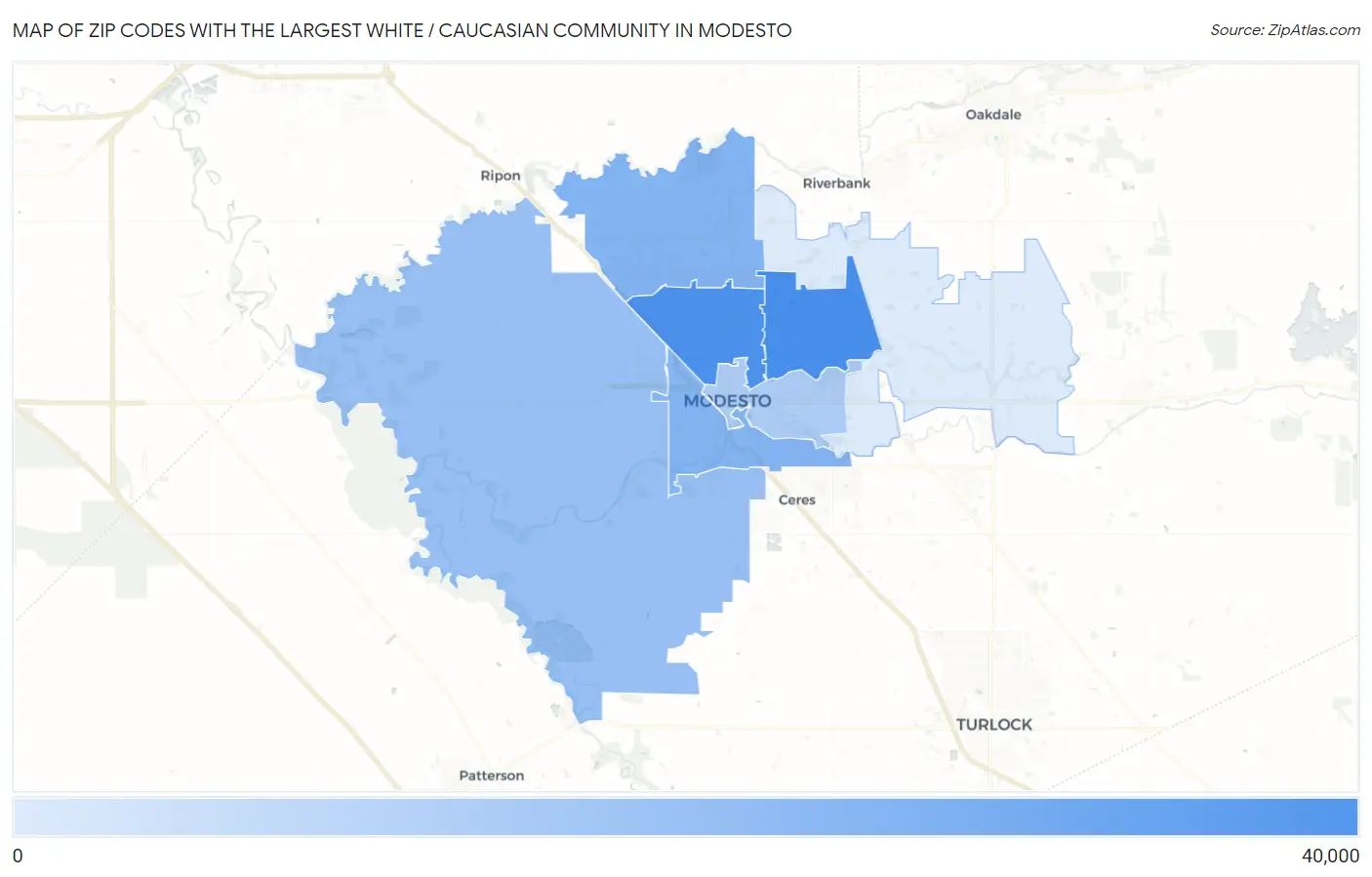 Zip Codes with the Largest White / Caucasian Community in Modesto Map
