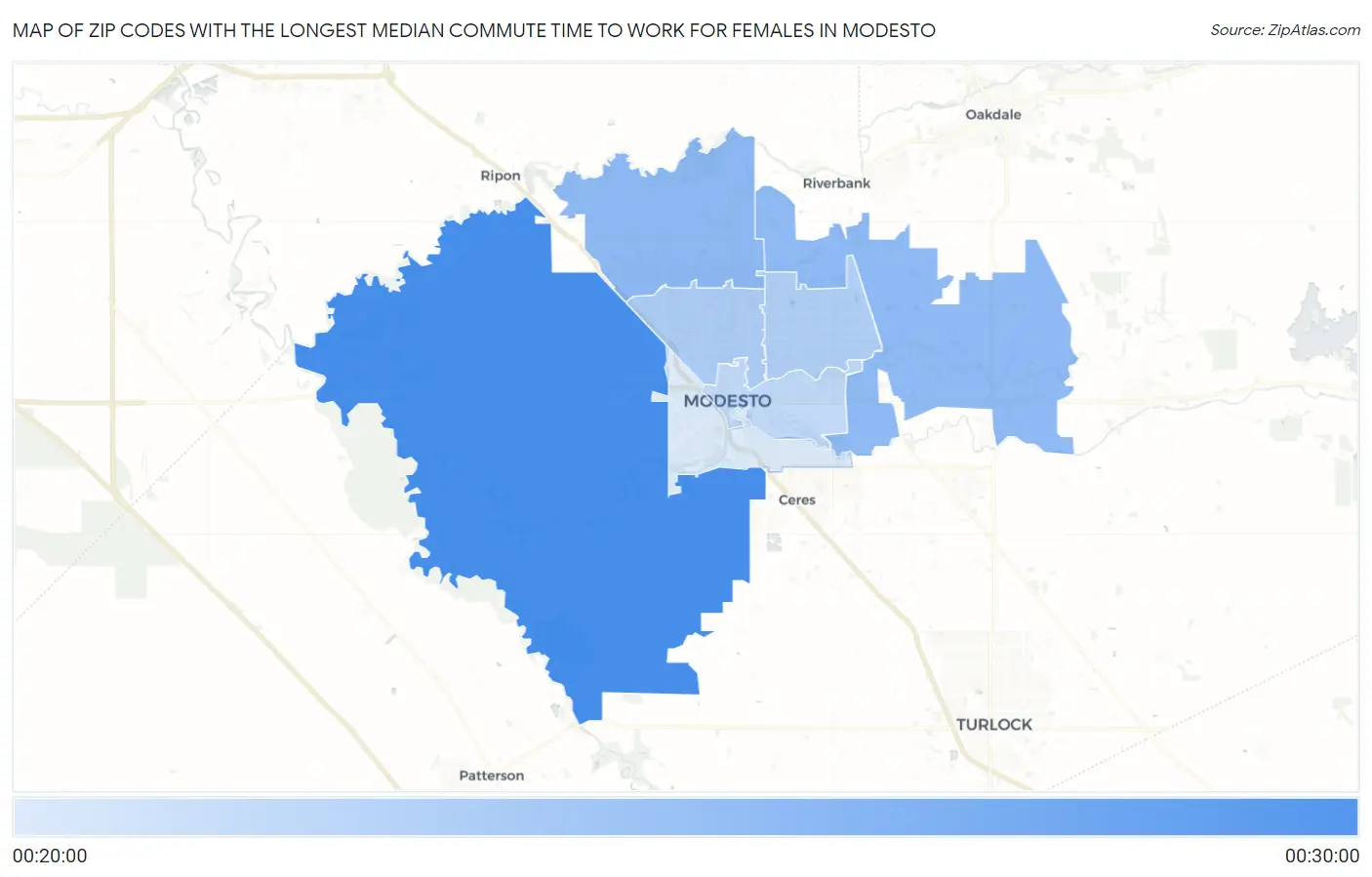 Zip Codes with the Longest Median Commute Time to Work for Females in Modesto Map