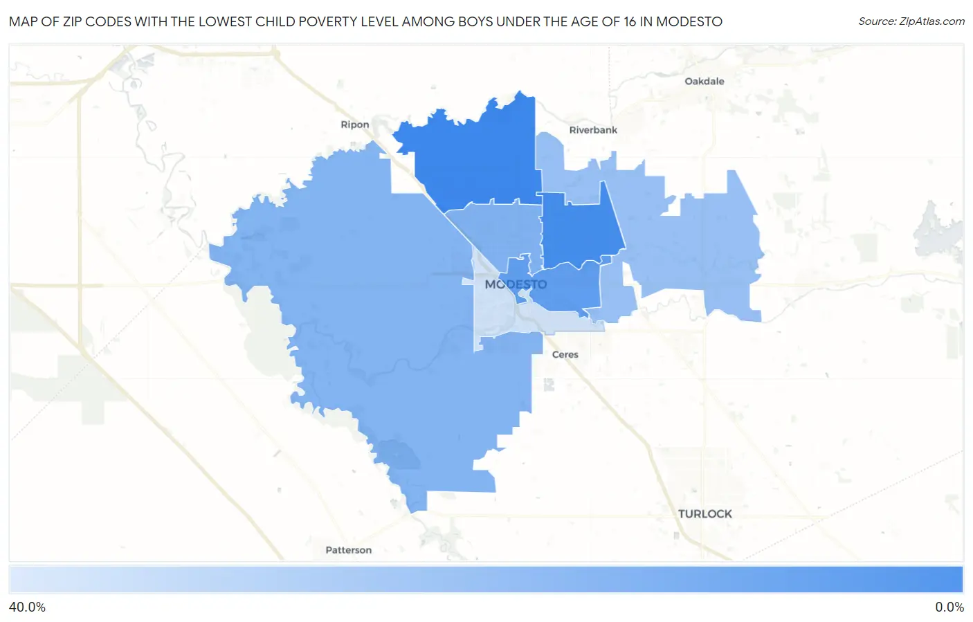 Zip Codes with the Lowest Child Poverty Level Among Boys Under the Age of 16 in Modesto Map