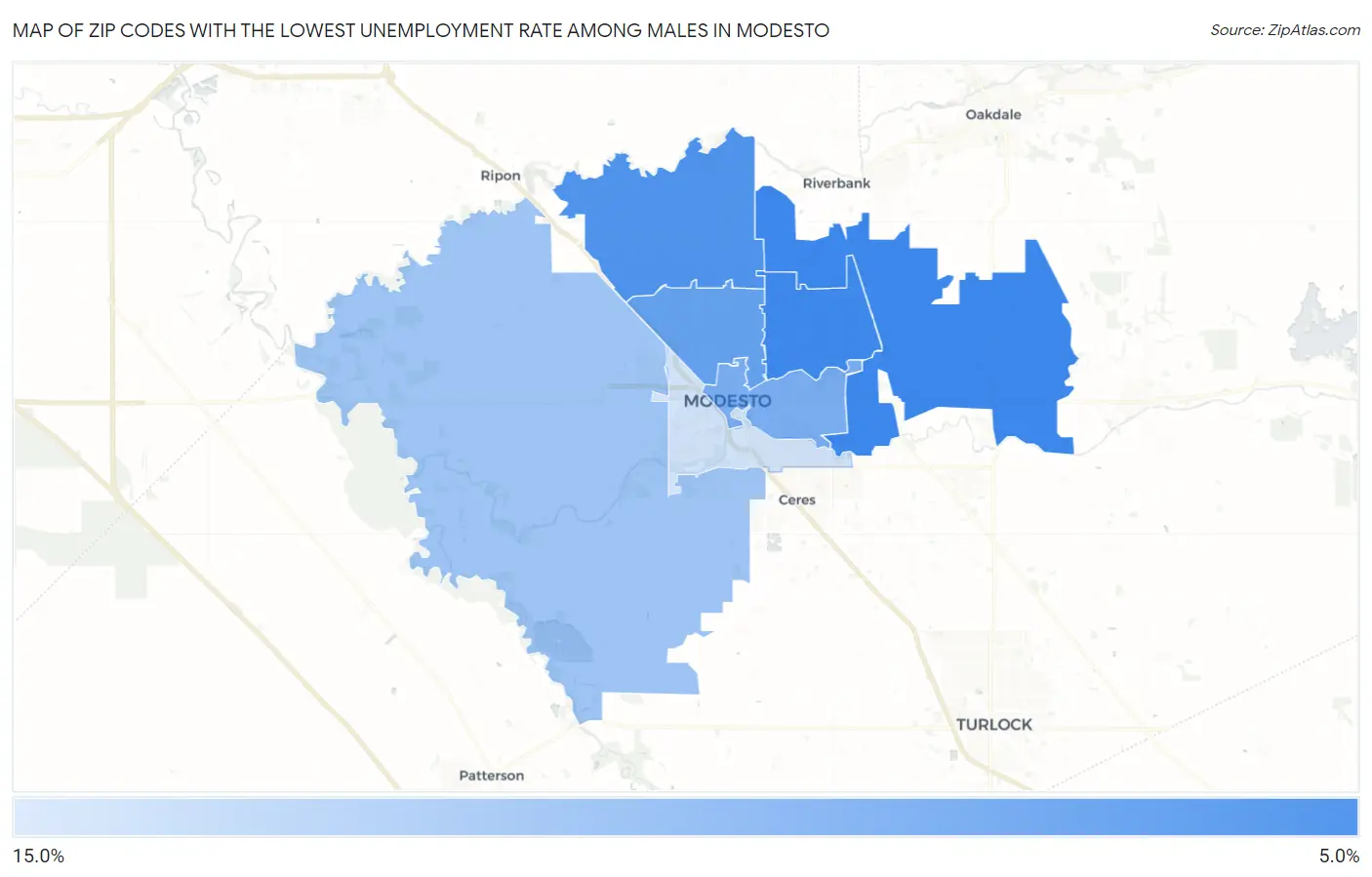 Zip Codes with the Lowest Unemployment Rate Among Males in Modesto Map