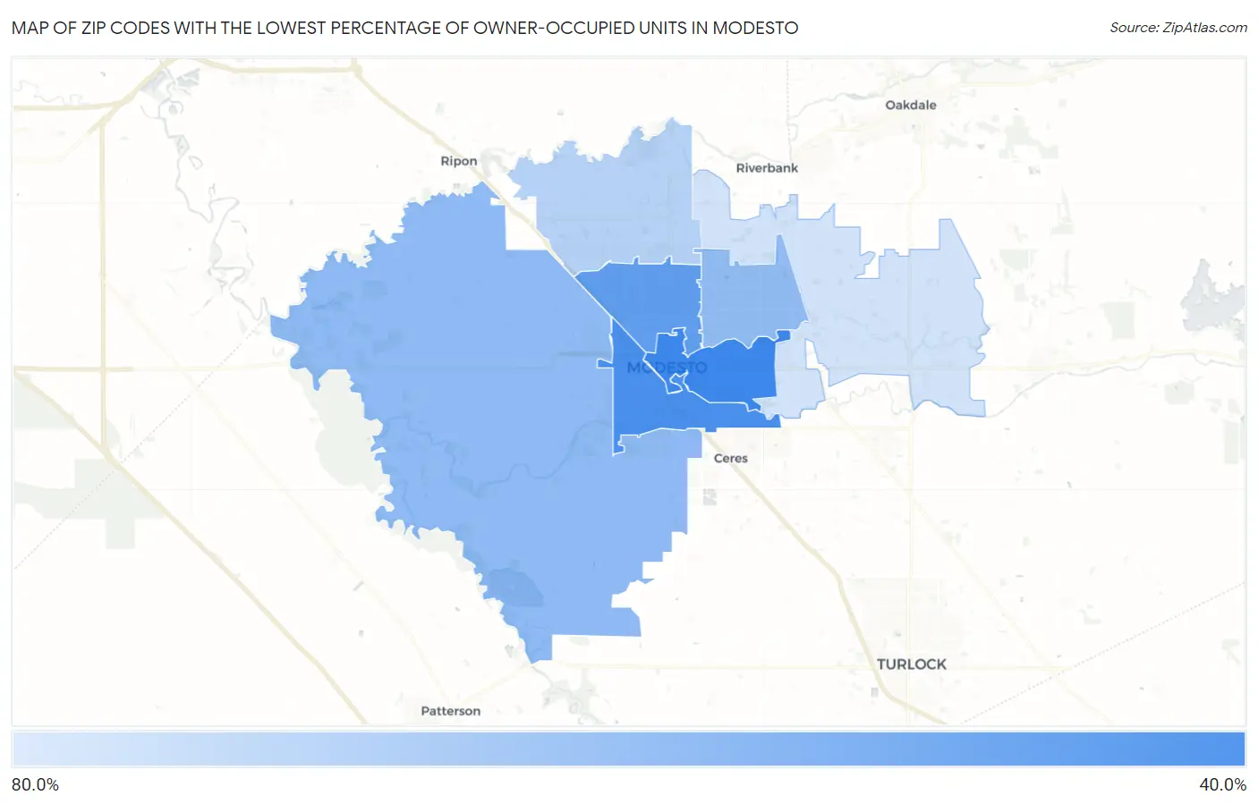 Zip Codes with the Lowest Percentage of Owner-Occupied Units in Modesto Map