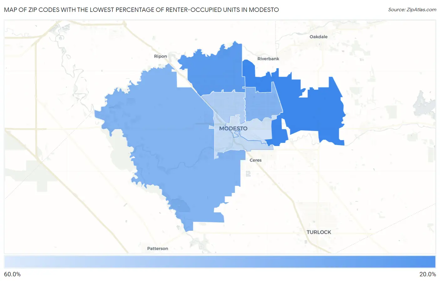 Zip Codes with the Lowest Percentage of Renter-Occupied Units in Modesto Map