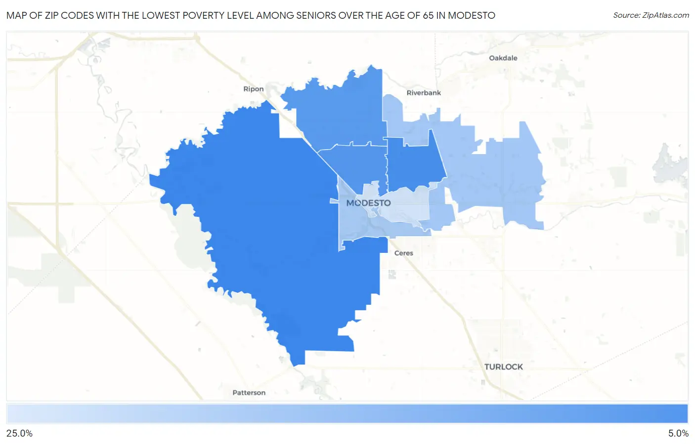 Zip Codes with the Lowest Poverty Level Among Seniors Over the Age of 65 in Modesto Map