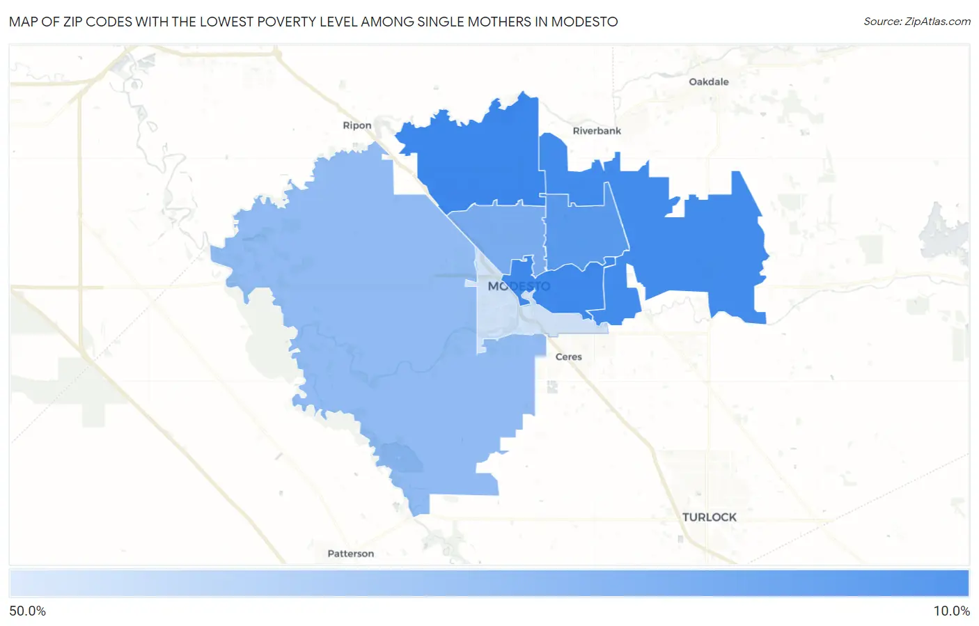 Zip Codes with the Lowest Poverty Level Among Single Mothers in Modesto Map